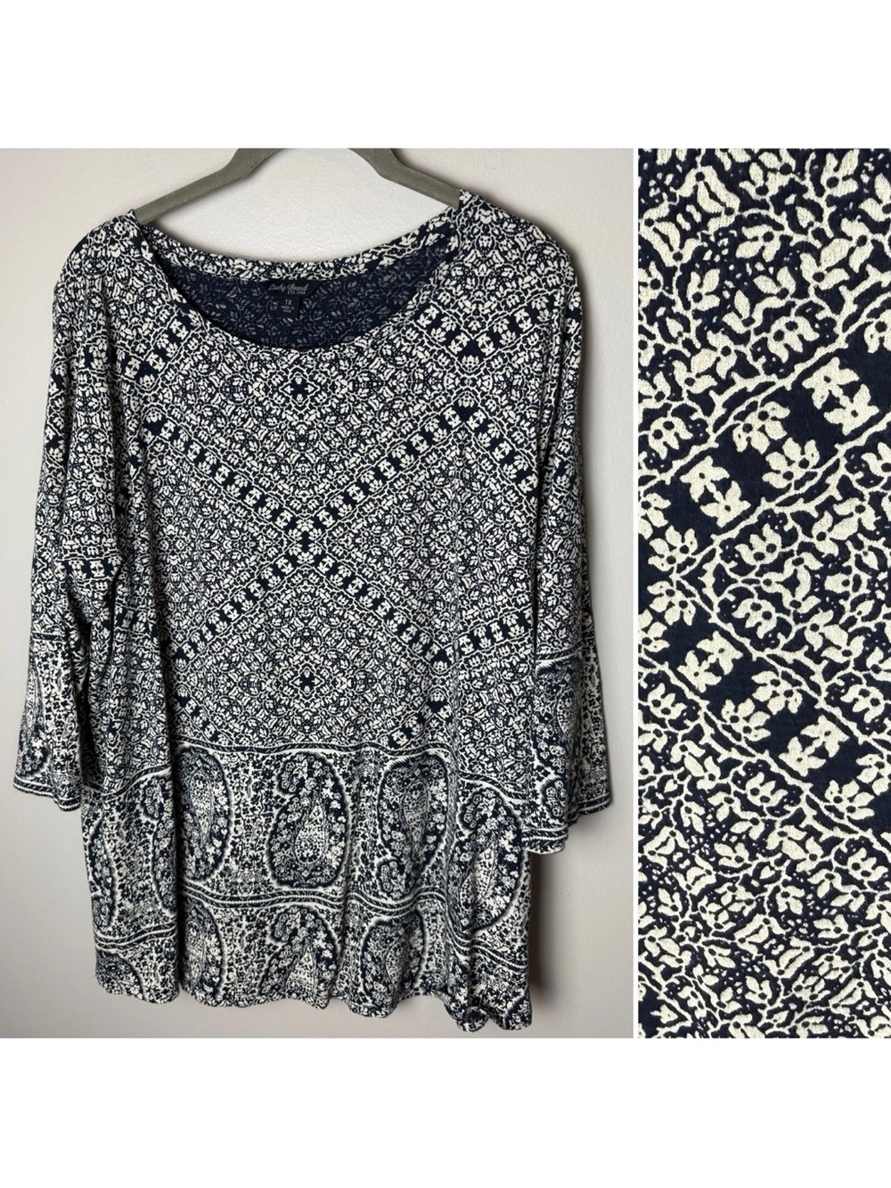 Lucky  Brand Top Plus Size 1X Navy Blue White Paisley Boho 3/4 Sleeves Tunic